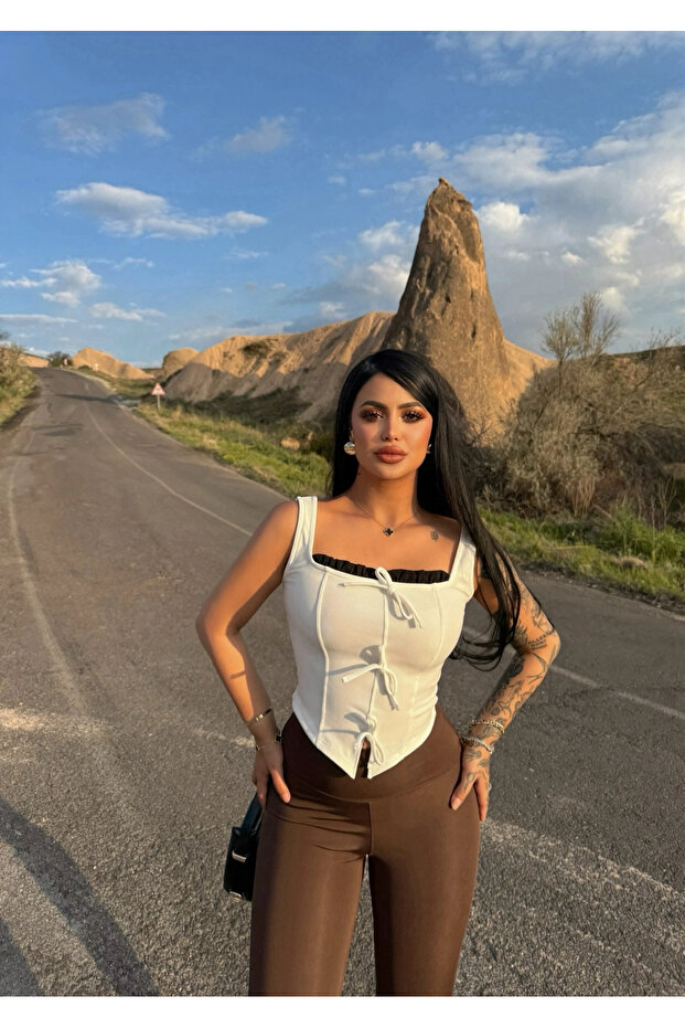 White Chest Lace-Up Ribbed Crop Top