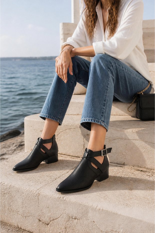 Elva Women's Leather Black Shoes Laser Cut Perforated Ankle Boots with Belt Detail and Back Zipper Stylish Design