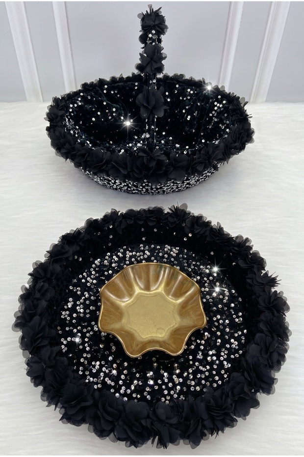 Black Silver Bridal Henna Night Tray and Basket, Sparkling Sequin Velvet and Three-Dimensional Laser Flowers, Wedding Marriage Promise Engagement Circumcision