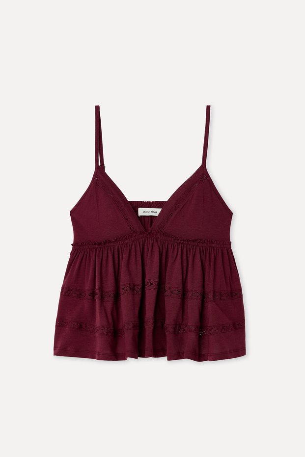 Women's Burgundy Ruffled Loose Fit V-Neck Sleeveless Blouse
