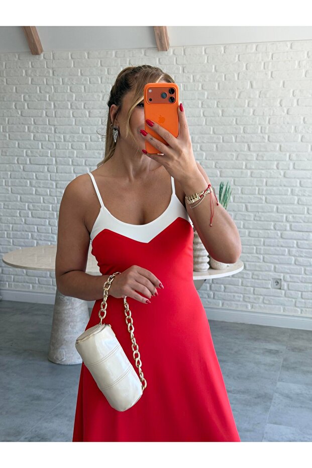 Women's Thin Strap Collar and Hem White Striped Long Dress