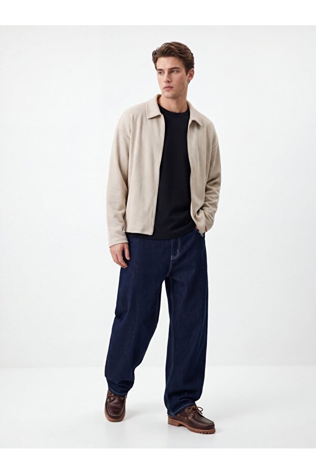 Long Sleeve Zippered Shirt Collar Cream Sweatshirt