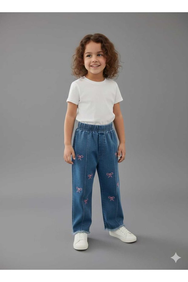 Girl's Denim Trousers with Pink Ribbon Detail and Elastic Waist