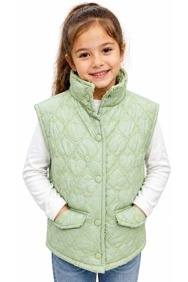 Girl's Green Color Thin Quilted Vest with Snap Closure Pockets and Heart Embroidery Detail