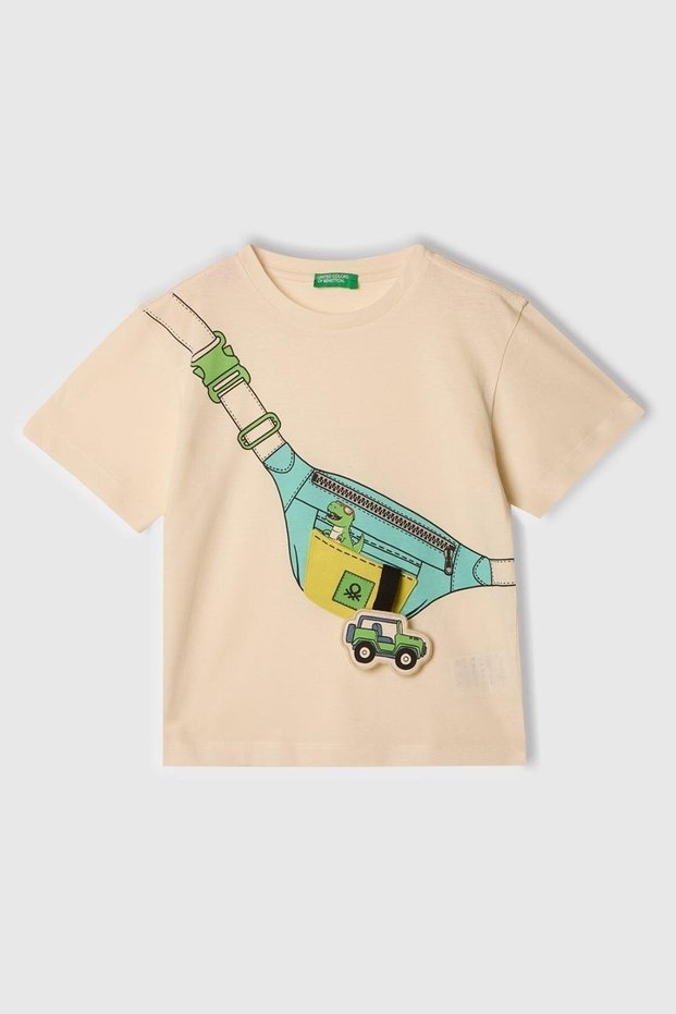 Baby Boy 1-6 Years Waist Bag Patterned Short Sleeve T-Shirt Cream