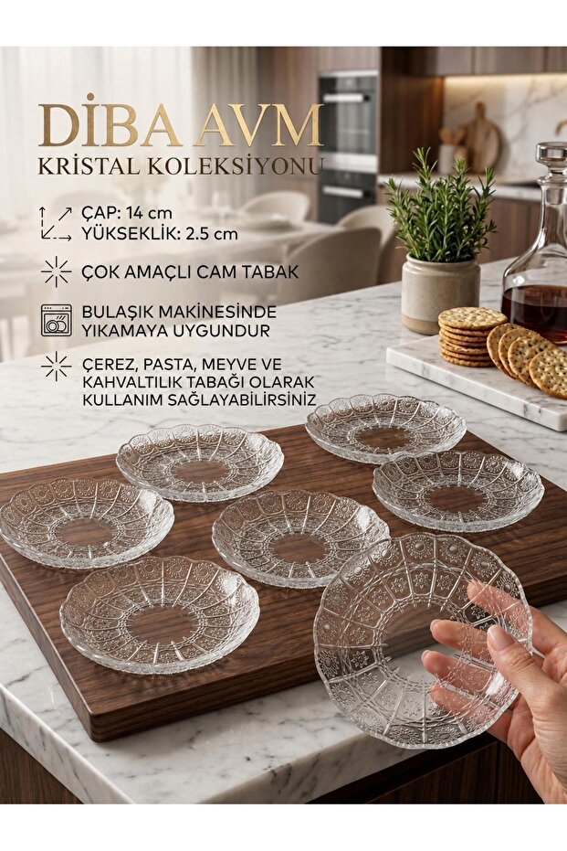 6-Piece Glass Plate Crystal Model Breakfast Snack Dessert Pastry Presentation Plate 6-Piece -14 cm
