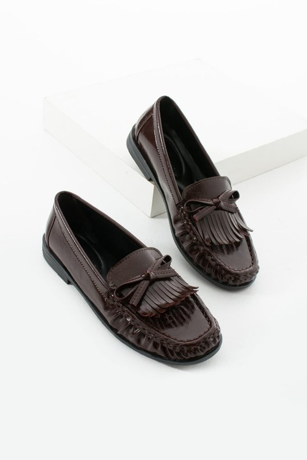 Women's Burgundy Patent Leather Tasseled Loafer Shoes Bow Detailed Casual Shoes Dias