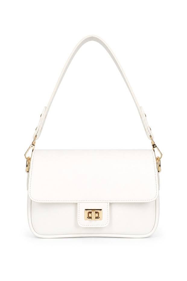 Women's White Clamshell Lock Detailed Shoulder and Crossbody Bag Velux