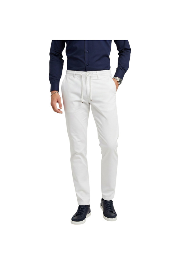 Men's White Flexible Fabric Slim Fit Elastic Waist Casual Sports Trousers 2601070