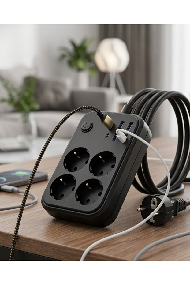 مقبس متعدد مزود بحماية من التيار الكهربائي، 4 منافذ USB، 2 4 مقابس، آمن وموثوق.