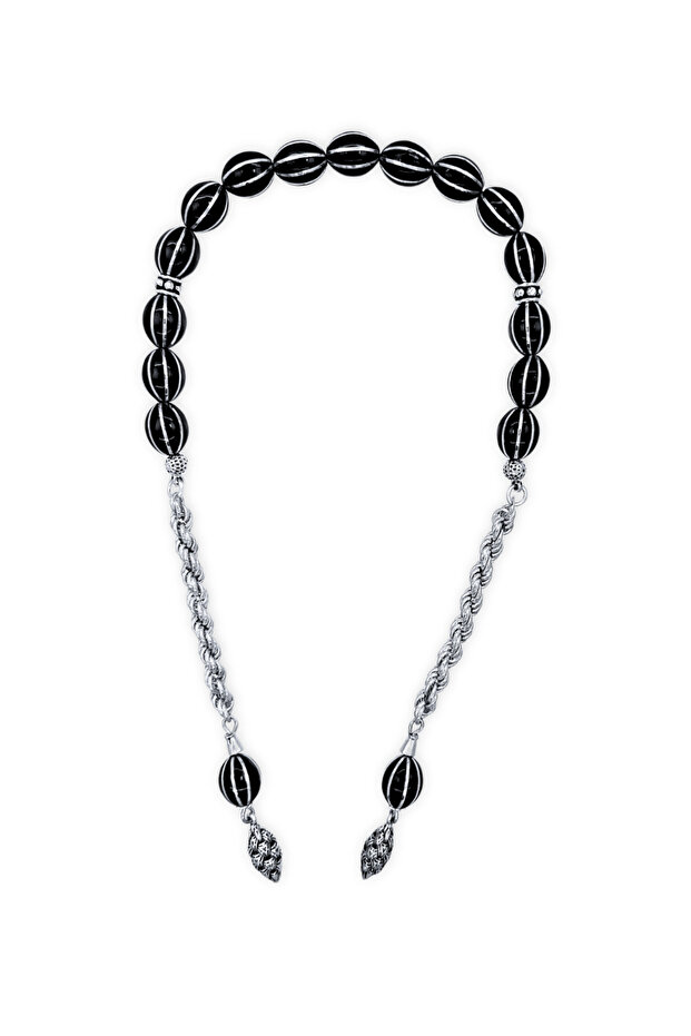Silver Watermelon Slice Embroidered Erzurum Oltu Stone Zaza Prayer Beads 36 cm