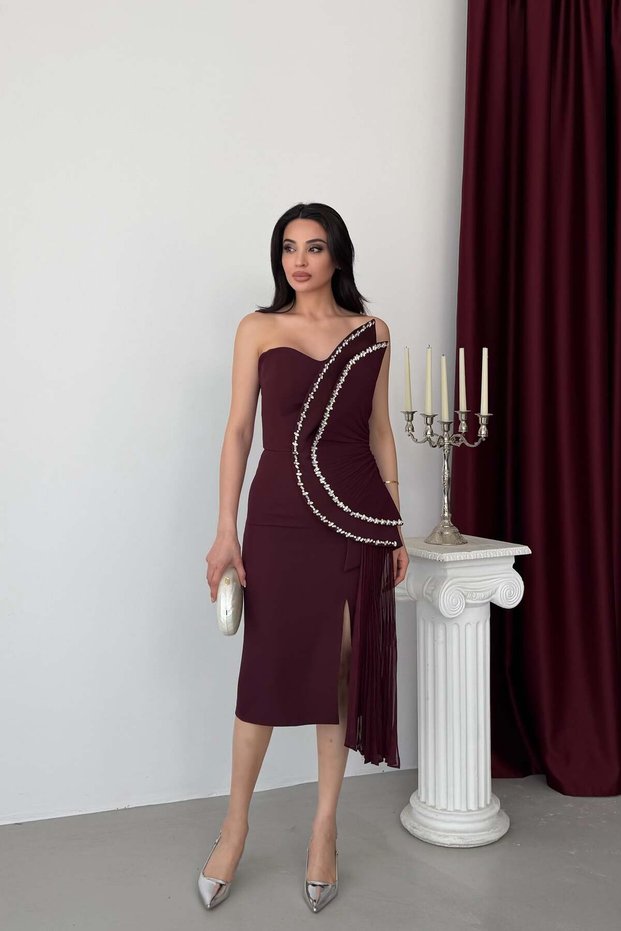 Burgundy Stone Embellished Strapless Midi Evening Dress