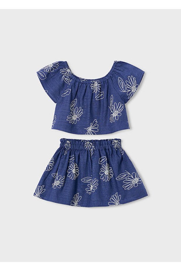Girl's Embroidered Linen T-Shirt Skirt Set 3947