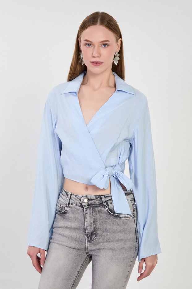 Women's Double-Breasted Collar Side-Tie Long Sleeve Shirt - Baby Blue