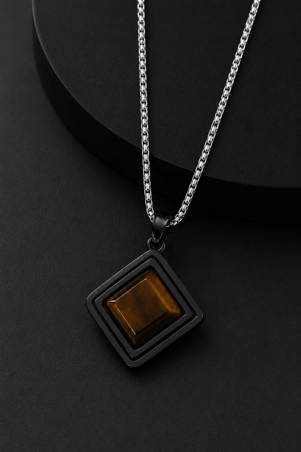 Square Stone Tiger's Eye Medallion Necklace