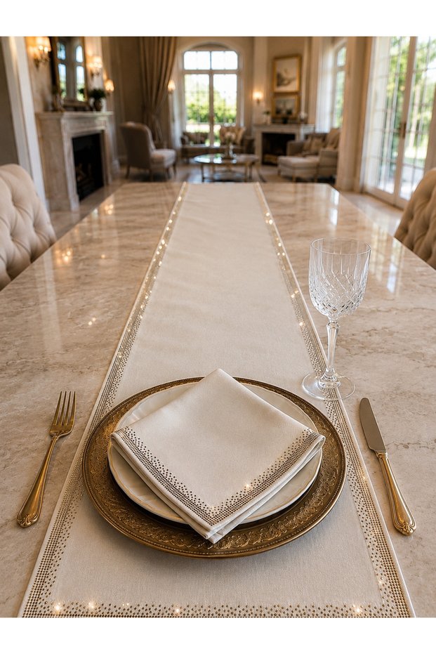 Antique Gold Stone Detailed Premium Runner 40X140 Napkin Set 38X38