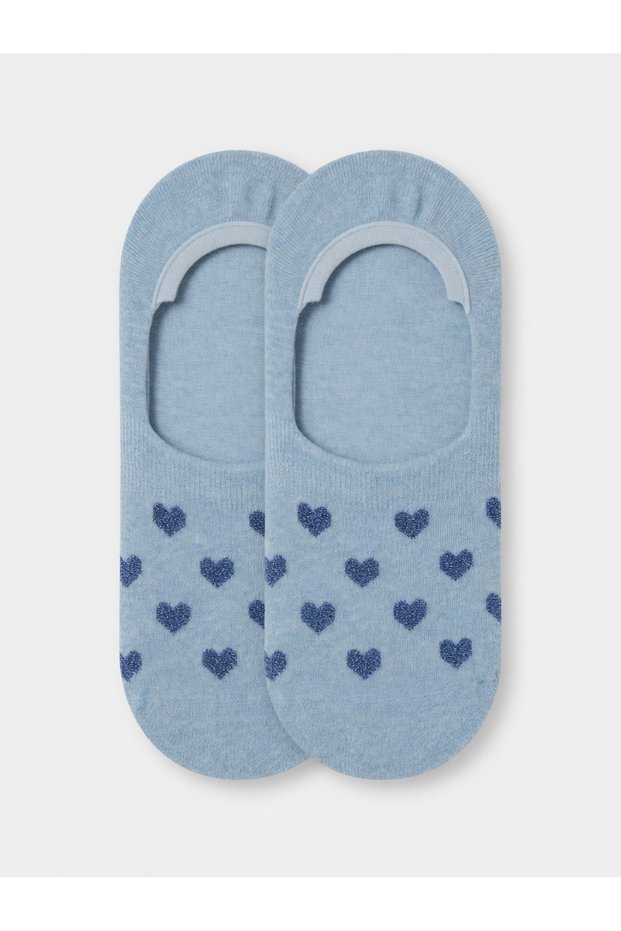 2 Pairs of Women's Blue Heart Patterned Cotton Ballerina Socks - Non-Slip Silicone Invisible Ballerina Socks