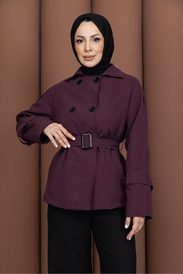 Short Belted Stylish Trench Coat Plum