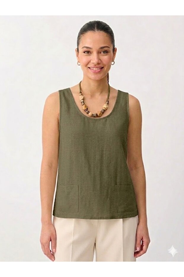 Women's Khaki Sleeveless Linen Athlete Blouse with Pockets
