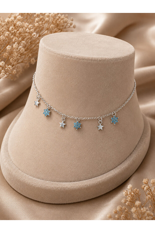 Aster Silver Colorful Star & Flower Detailed Minimal Stylish Dangle Anklet with Silver Chain