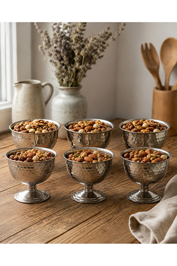 Set of 6 Hammer Patterned Metal Bowls with Stand, Snack Bowl, Nut Serving Bowl, Decorative Bowl, Promise, Engagement