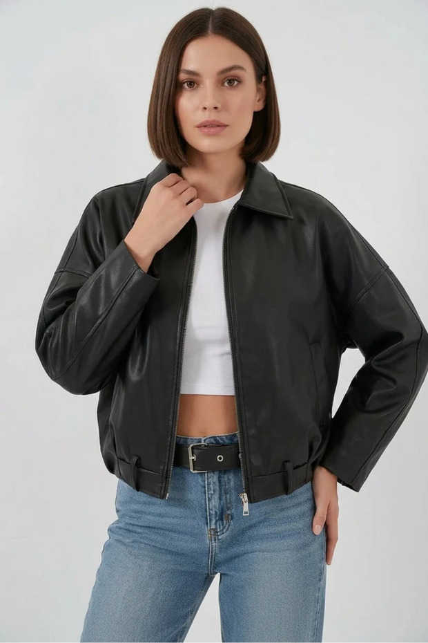 Women's Shirt Collar Belted Leather Look Black Jacket