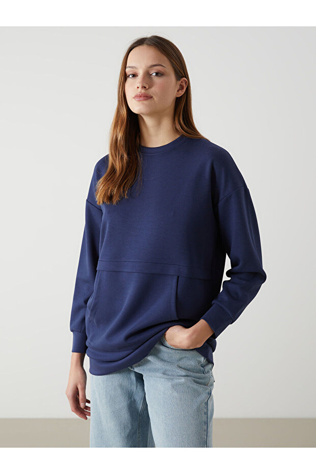Two Mt Shop Quality Lcw Modest Navy Blue Interlock Plain Oversize Women's Sweatshirt Tunic