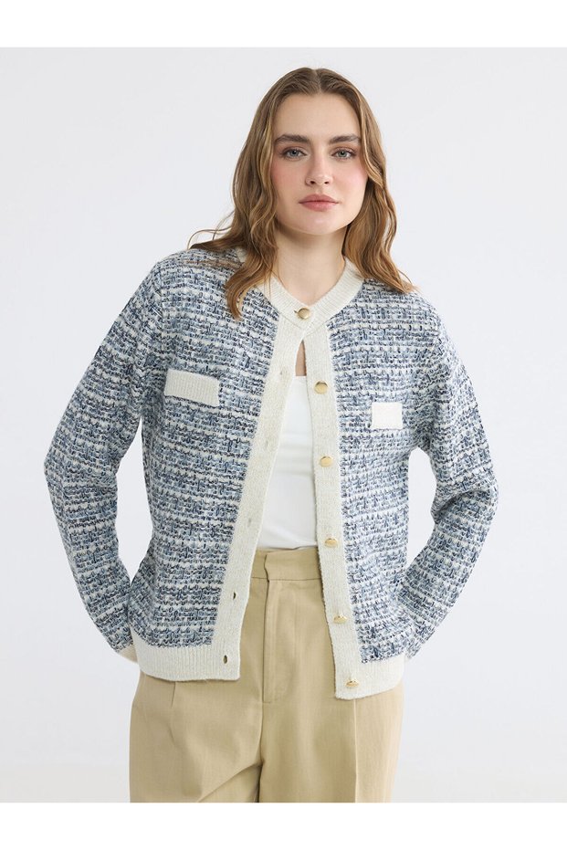 Vizyon New Season Crew Neck Patterned Women's Knitwear Cardigan