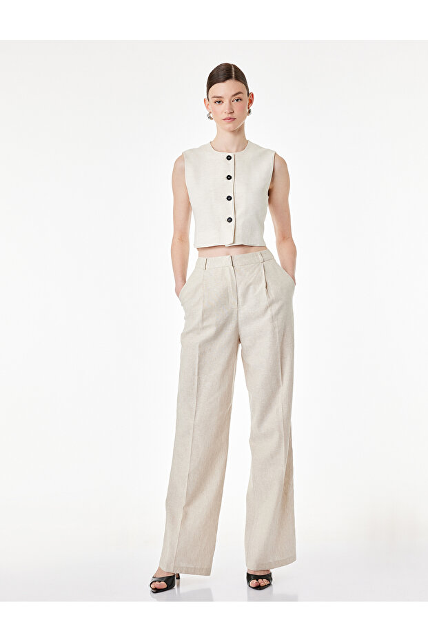 High Waist Wide Leg Linen Blend Trousers with Pocket Detail