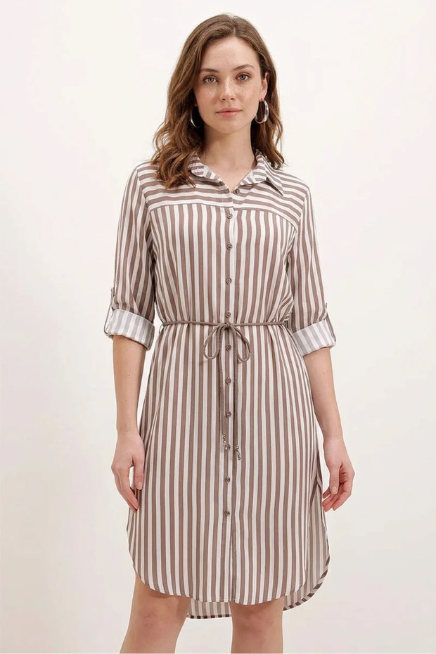 Women's Shirt Collar Belted Striped Viscose Mink Dress