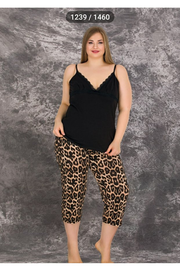 Black Color Leopard Patterned 10712 Women's Plus Size Leggings and Capri Mother Pajama Set