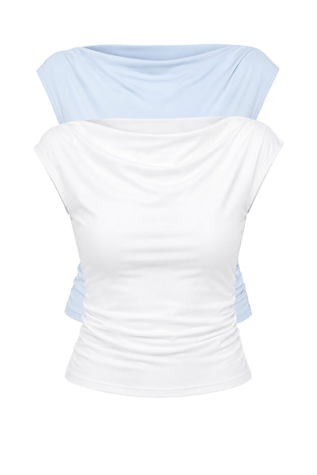 Women's White Blue Degaje Collar Side Gathered Detailed Lycra Double Blouse 6157 60286227