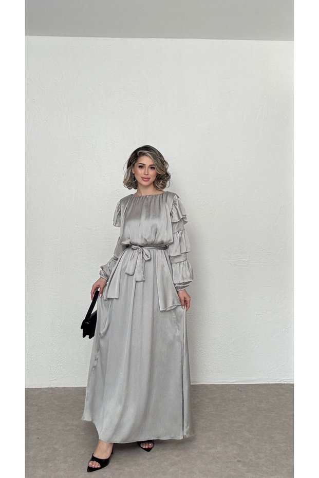 Shiny Fabric Ruffle Sleeve Dress