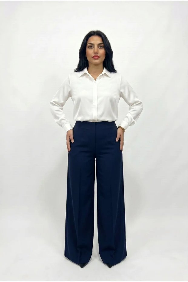 Women's Navy Blue Plus Size Gathering Palazzo Trousers Hzl26S-Zss120211