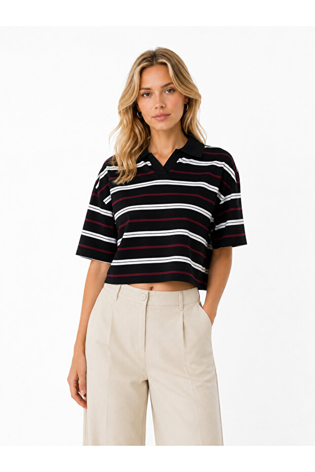 Burgundy White Striped Black Polo Collar Crop T-Shirt