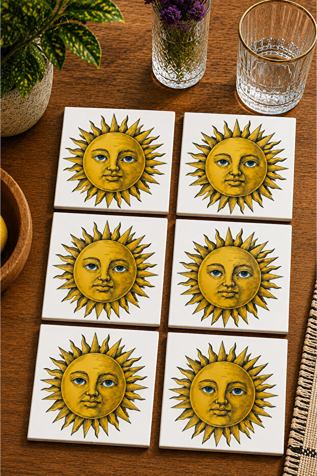 Retro Style Modern Set of 6 Coasters with Sun Figure - Uv Printed Mdf - 10X10 cm