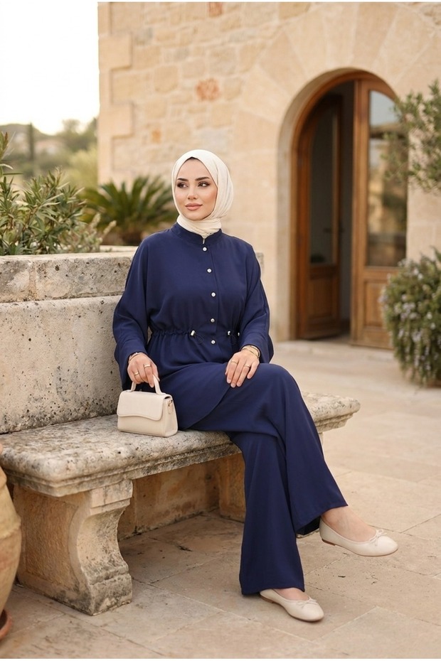 Women's Waist Gathered Stone Buttoned Hijab Double Set