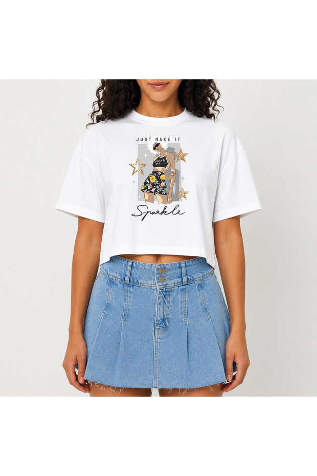 Crop T-Shirt White Printed Relaxed Fit Raw Cut Basic Short Tshirt
