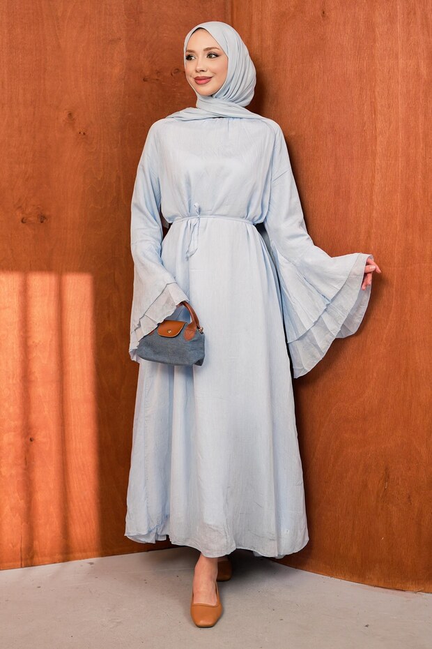 Baby Blue Spanish Sleeve Tulle Dress with Waist Tie