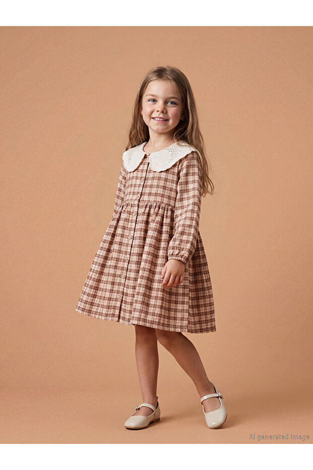 Beige Peter Pan collar Plaid Girl's Dress