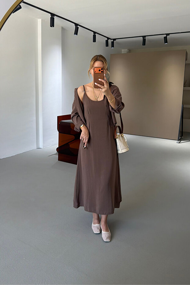 Adjustable Strap Dress - Shirt Brown Tencel Set