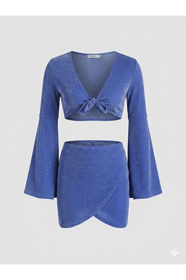 Lurex cobalt blue crop-skirt set