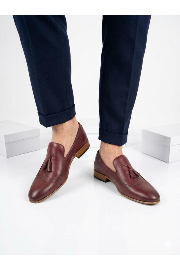 Men's burgundy genuine leather loafer with tassel detail and neolite sole