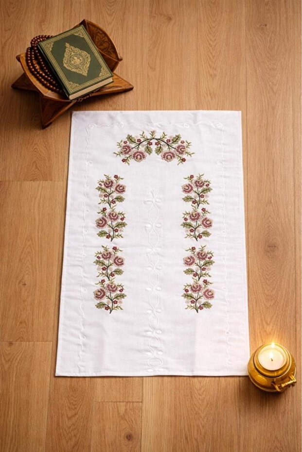 Cross-Stitch Embroidered Gardenia 70X135 cm Prayer Rug Brown