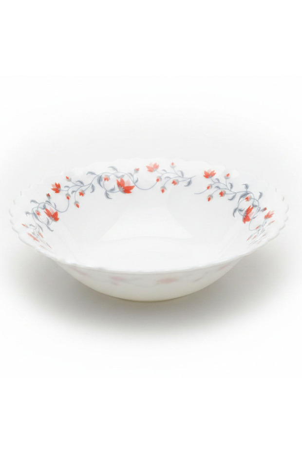 Fluted White Opalware Multipurpose Bowl with Red Floral Design – 6.5 Inch