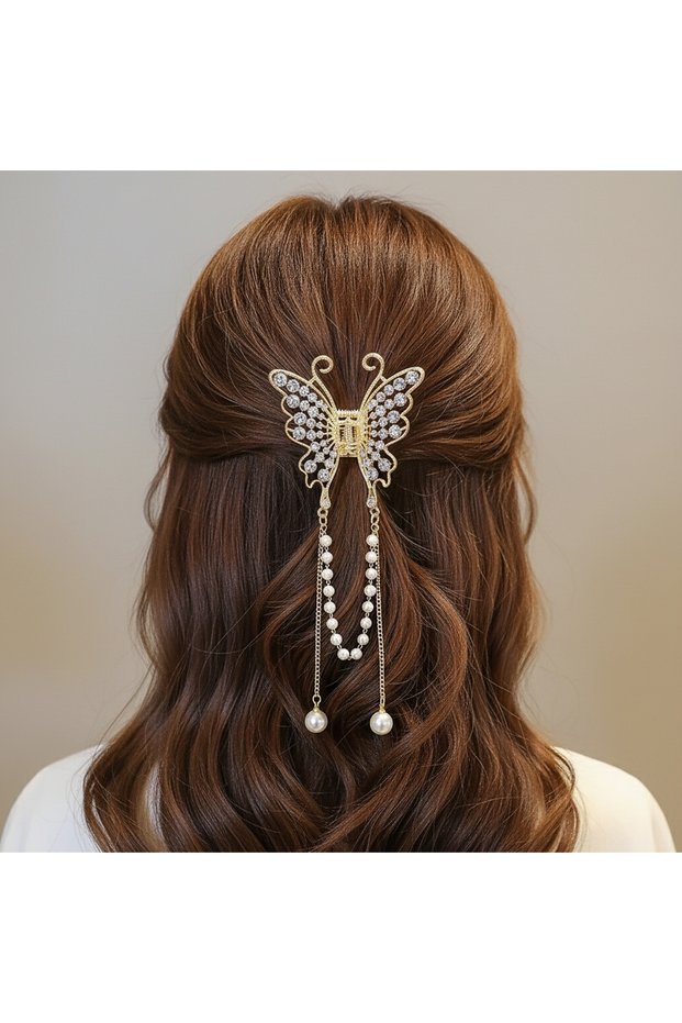 Sparkling Butterfly Figured Hairpin with Pearls and Zircon Stones Stylish Hair Accessory