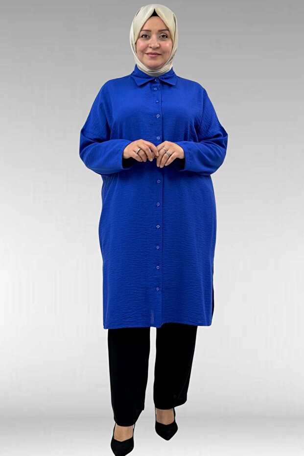 68038 Plus Size Buttoned Linen Tunic - Cobalt blue