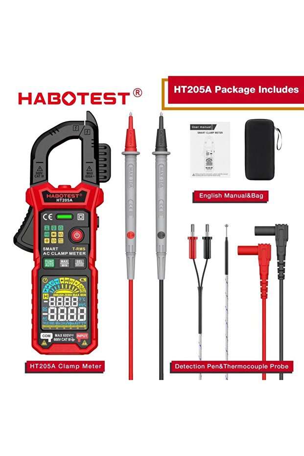 جهاز قياس التيار الكهربائي HT205A من HABOTEST مع وظائف القياس التلقائي وقياس التيار الفعلي والجهد المستمر والمتردد ودرجة الحرارة