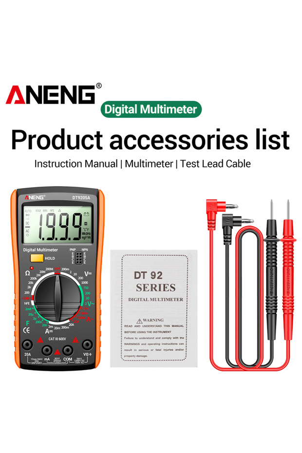 جهاز قياس رقمي احترافي ANENG DT9205A-3 باللون البرتقالي، مقياس تيار متردد/مستمر حقيقي RMS، طراز ANENG DT9205A