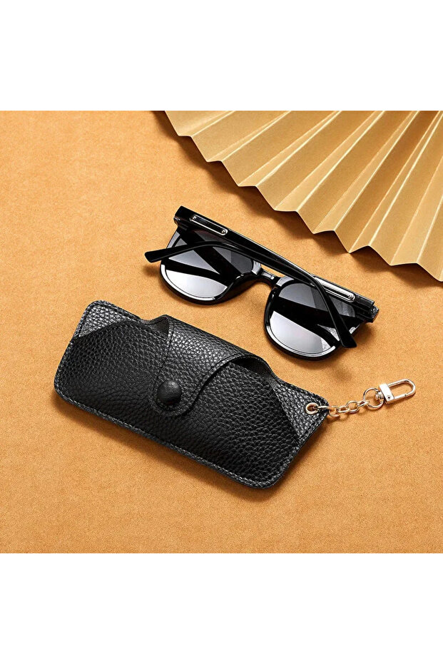 black Portable Retro Handmade PU Leather Glasses Bag with Lanyard Hanging Sunglasses Case Simple Gla